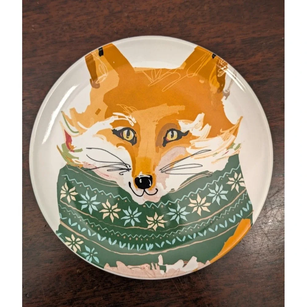 Magenta Christmas Woodland Animal Plates Set of 4 Raccoon Fox Moose Squirrel 7